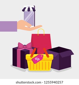 smartphone ecommerce technology with basket and packages