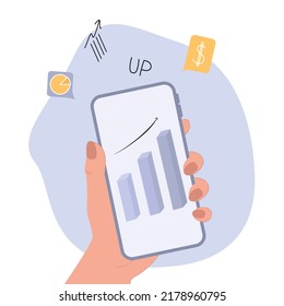 Smartphone con gráfico de crecimiento económico. El mercado de valores, el crecimiento de las empresas, los indicadores están creciendo. invertir en línea.
