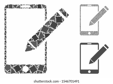 Smartphone edit pencil mosaic of unequal pieces in various sizes and color tones, based on smartphone edit pencil icon. Vector inequal pieces are combined into mosaic.