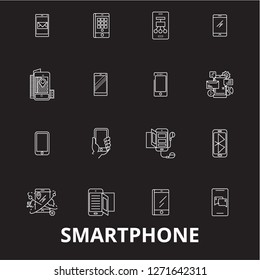 Smartphone editable line icons vector set on black background. Smartphone white outline illustrations, signs, symbols