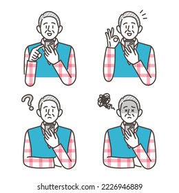 Smartphone and elderly man. Variation of facial expression [Vector illustration set].