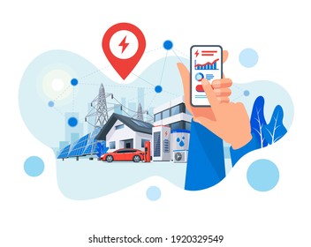 Smartphone With Electricity Energy Control Usage Monitoring App. Sustainable Renewable Power Plant System Storage Station With Electric Car Charging Solar Panels, Wind, High Voltage Power Grid City.