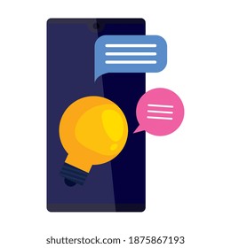 smartphone electrónico con diseño de ilustraciones vectoriales de bulbo y burbuja de voz