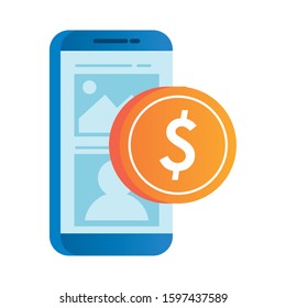 smartphone electronic with coin dollar vector illustration design