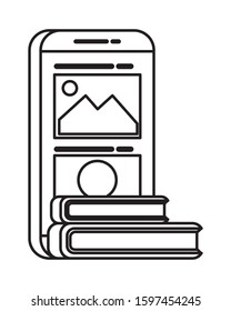 smartphone electronic device with pile books vector illustration design