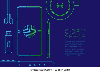 Smartphone with electronic devices dash line, Gadget concept design, Editable stroke illustration blue and green isolated on dark blue background with copy space, vector eps10