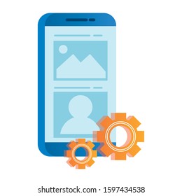 smartphone electronic with gears settings vector illustration design