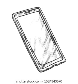 Smartphone Electronic Technology Monochrome Vector. Smartphone Display With Touch Screen. Mobile Phone Engraving Concept Template Designed In Vintage Style Black And White Illustration