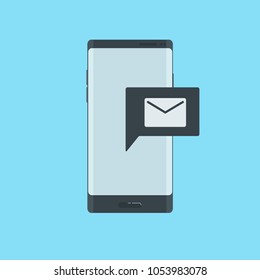 Smartphone e-mail application on screen, vector illustration. Isolated blue background