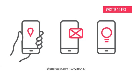Smartphone with e-mail application on screen, location icon and idea line Icon. Vector design Element illustration.  mobile in hand