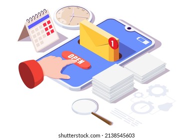 Smartphone with email envelope, open button on screen, flat vector isometric illustration. Email or message notification.