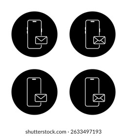 Smartphone email icon set on black circle. Mobile phone with envelope message sign symbol