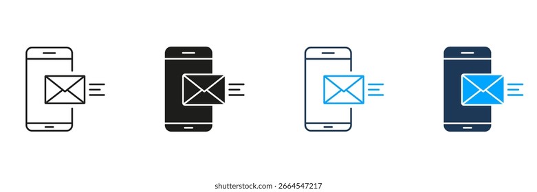 Smartphone With Email Line And Solid Icon Set. Mobile Messaging, Communication, And Email Notification Symbol Collection. Digital Communication Tools. Isolated Vector Illustration.