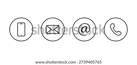 Smartphone, email, mention, and phone call icon in circular outline. Cellphone, message, at, and handset symbol