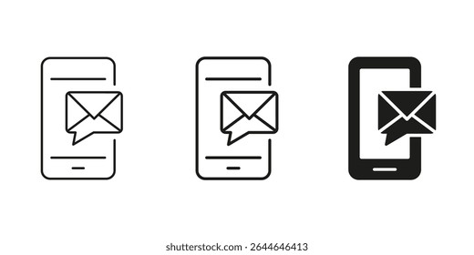 Smartphone With Email Notification Icon Set. Mobile Messaging, Communication, And Email Alert Outline And Silhouette Symbol Collection. Digital Connectivity. Isolated Vector Illustration.