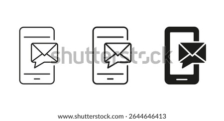 Smartphone With Email Notification Icon Set. Mobile Messaging, Communication, And Email Alert Outline And Silhouette Symbol Collection. Digital Connectivity. Isolated Vector Illustration.