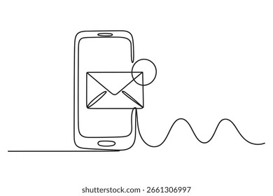 Smartphone with email notification in one line art style, continuous line vector illustration with editable stroke
