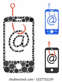 Smartphone email phishing composition of circle elements in different sizes and color tinges, based on smartphone email phishing icon. Vector circle elements are organized into blue illustration.