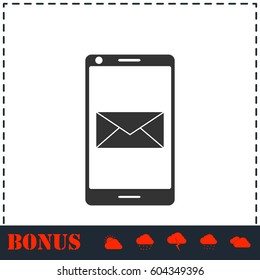 Smartphone email or sms icon flat. Simple vector symbol and bonus icon