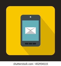 Smartphone with email symbol on the screen icon in flat style on a yellow background