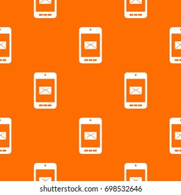 Smartphone with email symbol on the screen pattern repeat seamless in orange color for any design. Vector geometric illustration