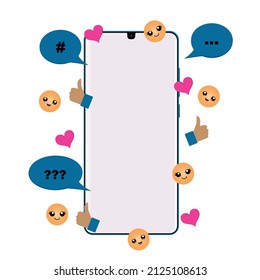 Smartphone with emoticons, speech bubbles, hearts, ok thumb and copy space. vector