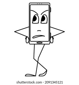 A smartphone with an emotion on the screen. A stylized smartphone stands and waits. Expectation, impatience, anger, discontent. Vector icon, outline, cartoon, isolated. Editable stroke