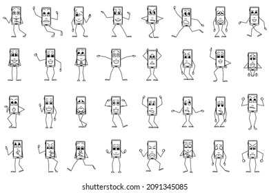 A smartphone with emotions in different poses. Set of vector icons, offline, cartoon, isolated. Various emotions on the gadget screen, a humanoid smartphone. Editable stroke