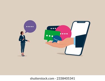 Smartphone y mujer trabajadora dando burbujas de voz de retroalimentación. Comunicación, encuesta de empleados o sugerencia de clientes. Ilustración del vector