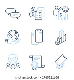 Smartphone, riqueza de empleados e iconos de línea de gráfico 3d configurados. Certificado de Diploma, Salvar planeta, grupo de personas. Rentabilidad contable, mensaje de puntos y señales rotas de Smartphone. Vector