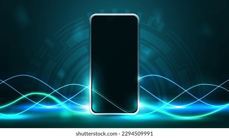 Smartphone in empty green scene with neon wave line lasers around