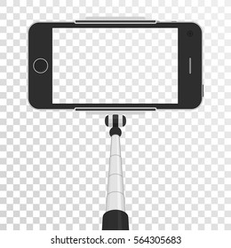 Smartphone with empty screen on monopod isolated on transparent background. Selfie photographic on mobile phone concept. Self portrait mockup. Modern gadget with stick for photo illustration. EPS 10.