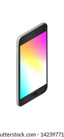 Smartphone. Empty touchscreen mobile phone color glows. 3d isometric design. Template of cellphone with a blank display. Digital gadget mockup is in side perspective view.Realistic vector illustration