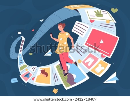 Smartphone endless scroll. Teenager scrolling phone digital page or boring comments, people digital addiction social media internet surfing, thumb like classy vector illustration of smartphone scroll