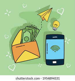 smartphone and envelope with bills