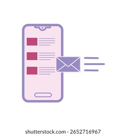Smartphone con un sobre volando fuera de él, que representa el envío de un mensaje o correo electrónico.  Ilustración vectorial.  Aislado sobre fondo blanco.