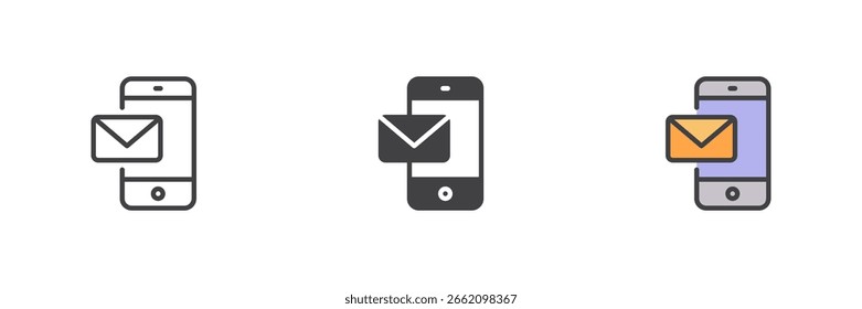 Smartphone mit Umschlagsymbol in Linie gesetzt, geschlossen und gefüllt Umriss Stil. Stellt mobile E-Mails, Nachrichtenbenachrichtigungen oder das Symbol der E-Mail-App im Vektorsymbol-Paket dar.
