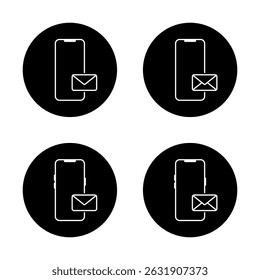 Smartphone with envelope message icon set on black circle. Email on mobile phone screen sign symbol