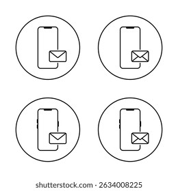 Smartphone with envelope message icon set on circle line. Email on mobile phone screen sign symbol