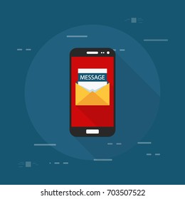 Smartphone and envelope with message letter. Email with message header, subject line. College acceptance, admission, employment, recruitment concepts. Modern flat design vector illustration