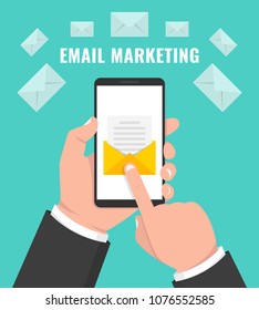 Smartphone with envelope and read email on screen. Email marketing, internet advertising concepts. Vector illustration.