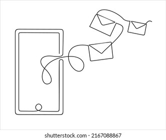 Smartphone y sobres e lista de correo electrónico ilustración de creación continua de una línea de ilustración. Se puede usar para logotipo, emblema, presentación de diapositivas y banner. Ilustración con plantilla de presupuesto. 
