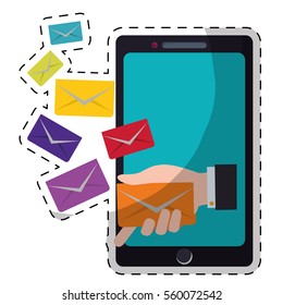 smartphone with envelopes over white background. colorful design. vector illustration 