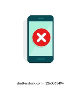 Smartphone with error alert vector illustration, flat cartoon mobile phone and warning icon, alarm or attention message notification, caution or broken cellphone, prohibited or access denied isolated
