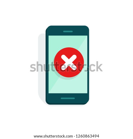 Smartphone with error alert vector illustration, flat cartoon mobile phone and warning icon, alarm or attention message notification, caution or broken cellphone, prohibited or access denied isolated