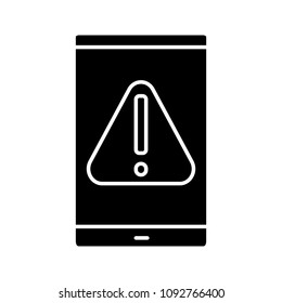 Smartphone error glyph icon. Warning notification. Mobile phone screen with exclamation mark. Silhouette symbol. Negative space. Vector isolated illustration