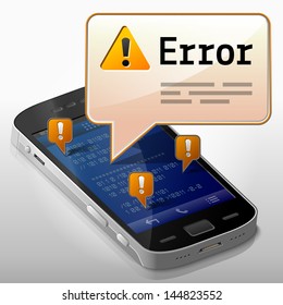 Smartphone With Error Message Bubble. Dialog Box Pop Up Over Screen Of Phone. Qualitative Vector Image About Smartphone,  Communication, Mobile Technology, Notification, Application Prompting, Etc.