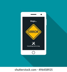Smartphone with error message. Error sign on mobile phone screen. Mobile internet error sign. Vector illustration  isolated on blue background.