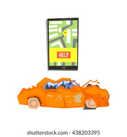 Smartphone Evacuation App And Crushed Car Flat Simplified Colorful Vector Illustration Isolated On White Background