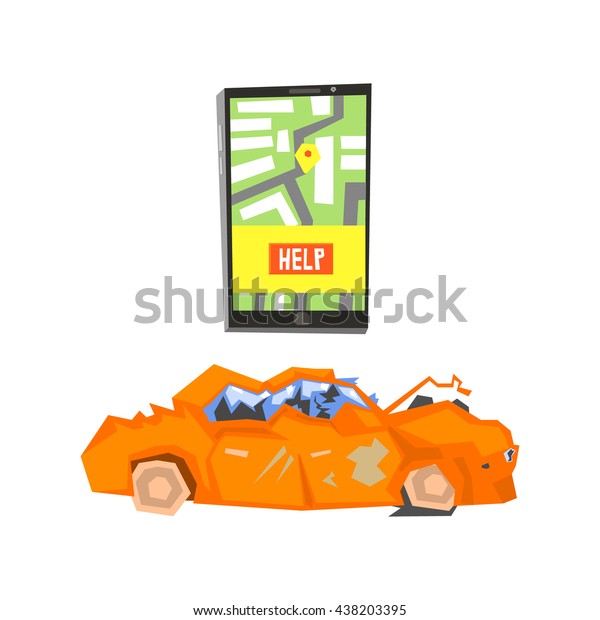 Smartphone\
Evacuation App And Crushed Car Flat Simplified Colorful Vector\
Illustration Isolated On White\
Background